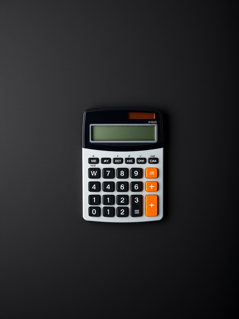 A flat lay photograph of a digital calculator on a dark gradient background, taken with a DSLR camera, 50mm lens, aperture f/2.8, ISO 100, 1/200 sec shutter speed, natural light, high contrast and vibrant colors.