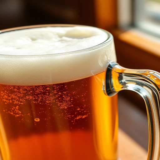 Create a high-resolution digital illustration of a frothy beer mug, focusing on the golden amber color and creamy foam, shot with a DSLR in macro mode at f/2.8, with a 50mm lens, using natural light to enhance reflections and details in the glass.