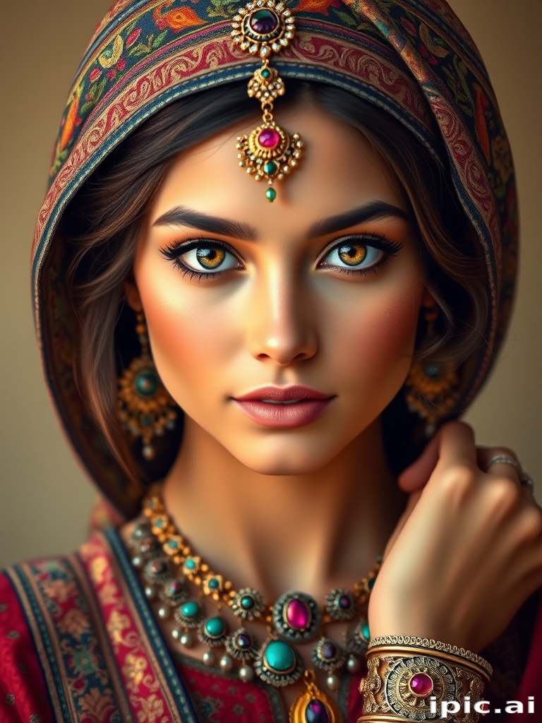 Create a portrait of a beautiful woman with striking hazel eyes and a gentle expression. She is adorned in traditional attire with intricate patterns, including a richly embroidered headscarf and matching garments. Her jewelry includes a delicate headpiece, dangling earrings, and ornate bracelets, all featuring vibrant gemstones and detailed metalwork. The background is soft and warm, enhancing the rich colors of her outfit and jewelry.