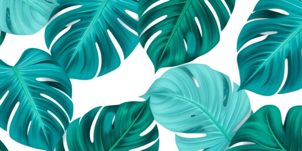 Generate a high-resolution tropical foliage pattern with overlapping monstera leaves in teal and aqua shades on a clean white background, using a DSLR camera with a 50mm lens, aperture set to f/2.8, ISO 100, and natural soft lighting to enhance texture and detail.