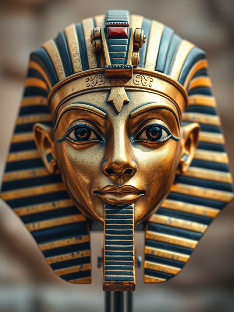 Create an image of a detailed pharaoh's mask with intricate patterns and colors, using a DSLR camera with a 50mm lens, f/8 aperture, ISO 200, shot in natural light from a frontal view to enhance clarity and vibrance.