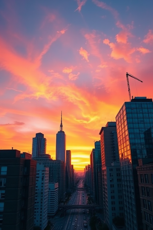 Create a high-resolution image of a city skyline at sunset, with vibrant colors in the sky, sharp focus, using a DSLR camera, 50mm lens, f/1.8 aperture, ISO 100, and a low angle view to emphasize the buildings.