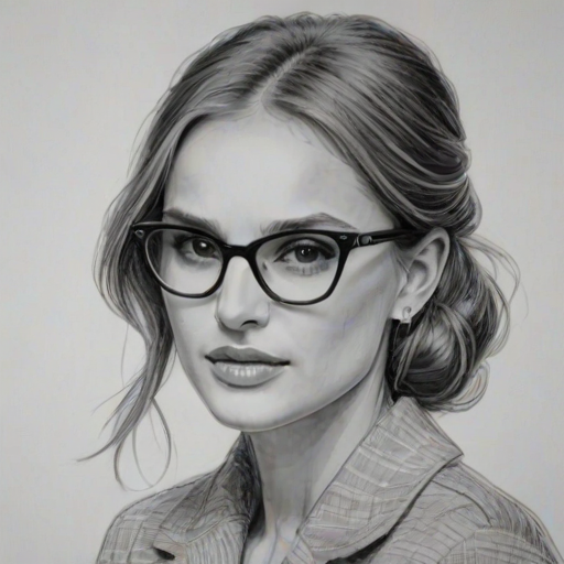 Beautiful Natalie Portman, pencil sketch, portrait of beautiful woman 60s in glasses, hair style beatnik, outline, clear lines, fine lines, 8k