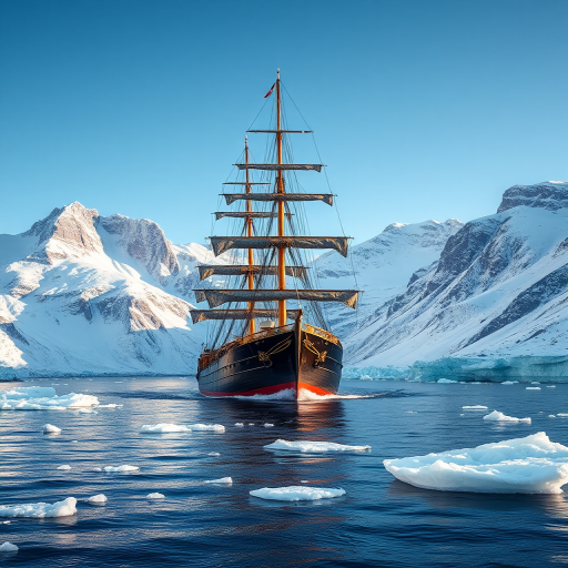 high-resolution image of a majestic tall ship sailing through icy waters surrounded by towering snowy mountains, with dynamic lighting and a clear blue sky, captured with a Canon EOS R5, 24mm lens, f/8 aperture, ISO 100, with a wide-angle view and enhanced color contrast for vivid detail