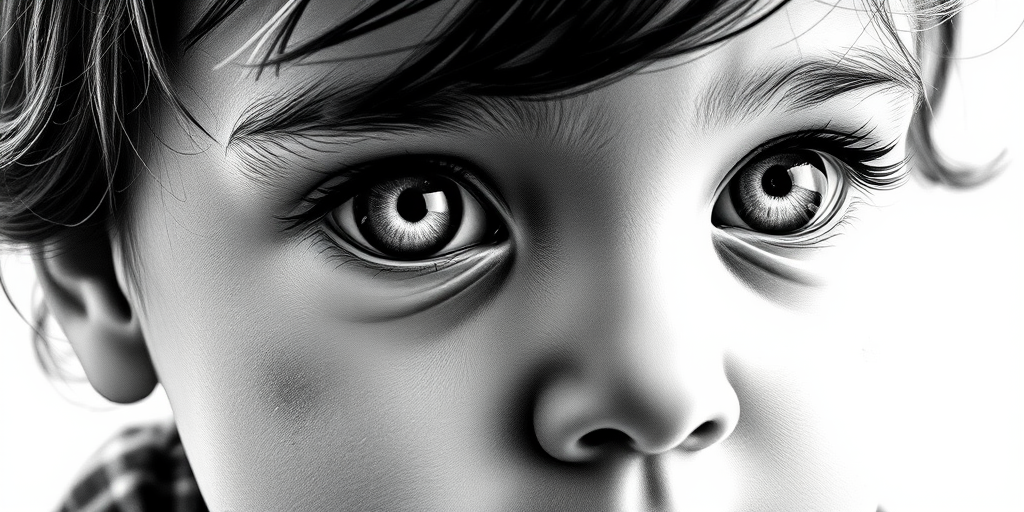 A hyperdetailed photorealistic black and white sketch of a beautiful toddler with deep white eyes, with a macro focus