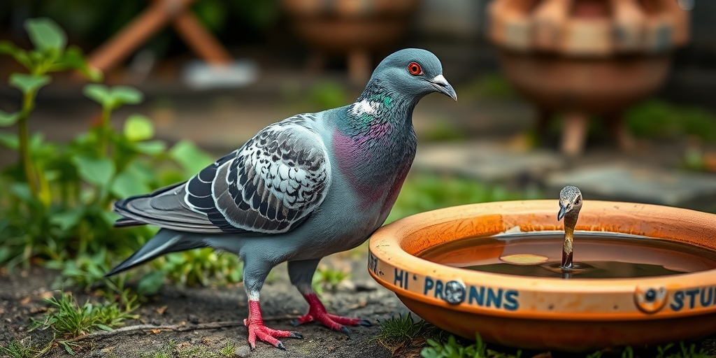 Regenerate an image of a close-up pigeon standing by a clay water dish in a garden, capturing detailed feathers and bright colors, with a DSLR camera, 50mm lens, f/2.8 aperture, ISO 200, 1/200 sec shutter speed, natural lighting, shallow depth of field.