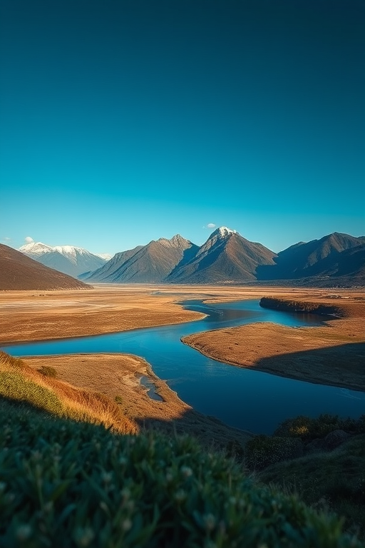 Generate a high-resolution image of a serene landscape with mountains and a river, using a Canon EOS R5 camera, 35mm lens, f/11 aperture, ISO 100, and a low-angle view to emphasize depth and details in the foreground.