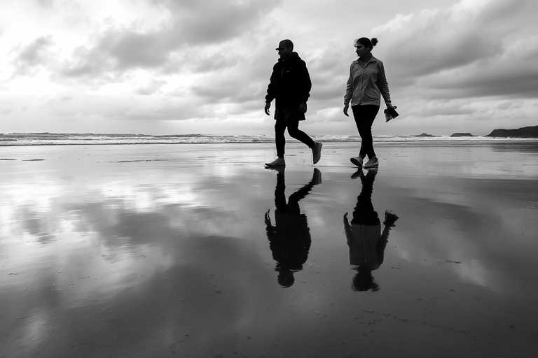 generate a high-contrast black and white image of two people walking on a wet beach during a cloudy day, capturing their reflections on the water, using a full-frame camera with a 50mm lens, aperture set to f/1.8, shutter speed at 1/500s, ISO 100, shot from a low angle to emphasize the reflections and the horizon in the background