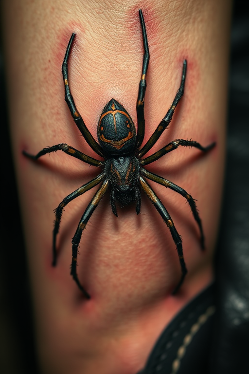 Hyper-realistic 3D spider tattoo creating the illusion of an arachnid crawling on the skin, with meticulous attention to detail in texture, shadows, and highlights for a startling trompe l'oeil effect