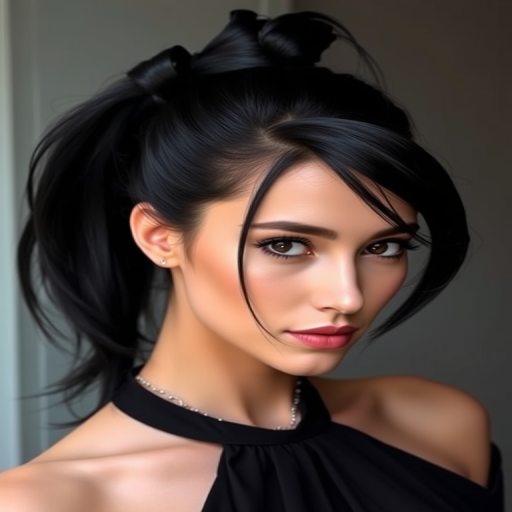 Lustrous jet black hair styled in a high ponytail with face-framing tendrils, the Midnight Veil style exudes timeless elegance and mysterious allure