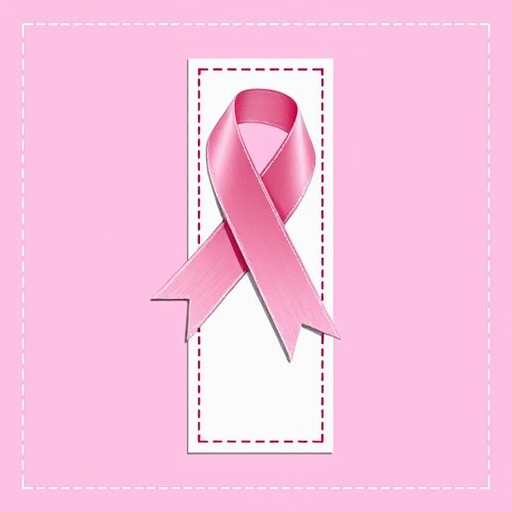 Create a vector-style graphic of a pink ribbon bookmark with a dashed white border, using a 50mm lens, f/2.8 aperture, natural lighting, and a top-down view for clarity.