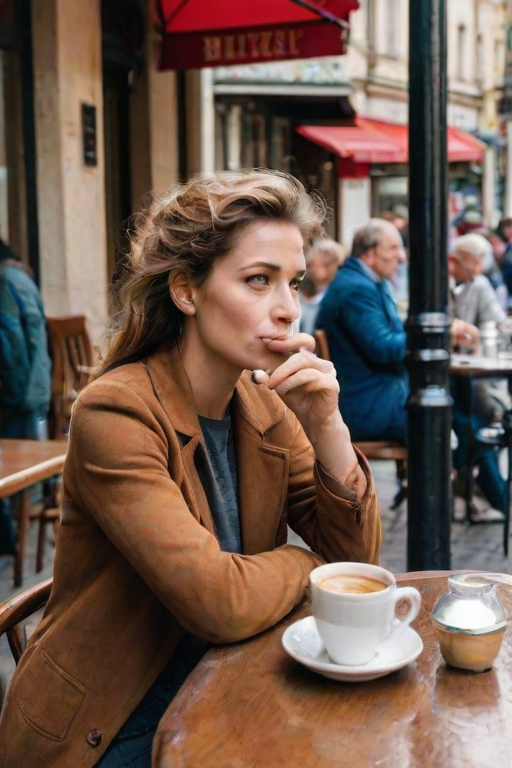 Bustling European street cafe, the chatter of patrons filling the air, a woman sips espresso at a table by the sidewalk, her gaze fixed on the passing pedestrians.