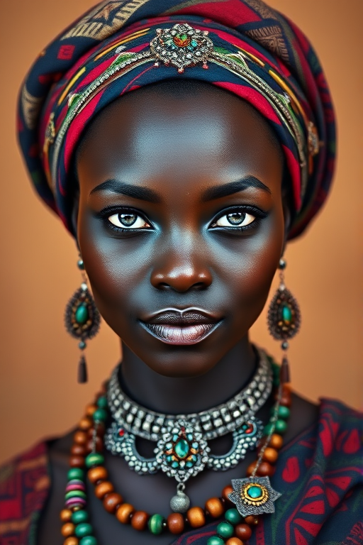 Create a portrait of a beautiful Zulu woman with striking cyan eyes and a gentle expression. She is adorned in traditional attire with intricate patterns, including a richly embroidered headscarf and matching garments. Her jewelry includes a delicate headpiece, dangling earrings, and ornate bracelets, all featuring vibrant gemstones and detailed metalwork. The background is soft and warm, enhancing the rich colors of her outfit and jewelry.