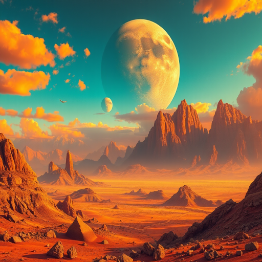 Generate a high-resolution digital painting of an alien landscape with orange and golden hues, featuring rugged mountains and distant planets in a vibrant sky, shot with a Canon EOS R5, 24mm lens, f/8 aperture, ISO 100, 1/200 sec shutter speed, in a wide-angle view to capture the expansive terrain.