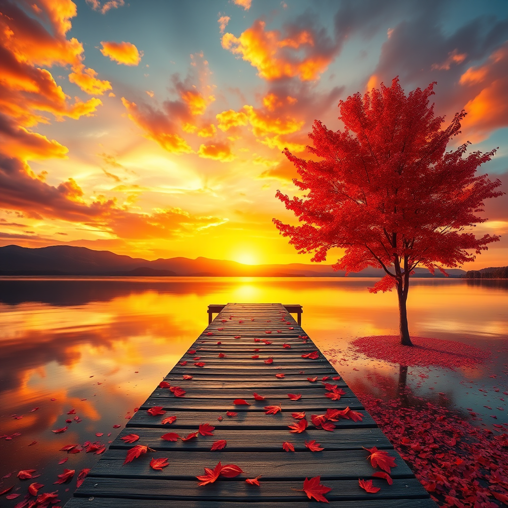 Create an image featuring a wooden dock extending into a serene lake at sunset. The sky is filled with dramatic orange, pink, and golden clouds as the sun sets behind distant hills, casting a beautiful reflection on the calm waters of the lake. The dock is strewn with vibrant red autumn leaves, and a strikingly red tree stands to the right, its leaves also glowing in the sunset light. The overall mood of the image is peaceful and warm, with the contrast between the fiery sky and calm waters enhancing the beauty of the scene.