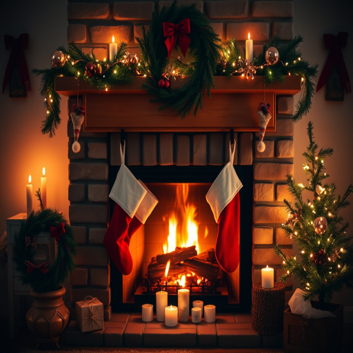 Create a warm and inviting Christmas scene featuring a decorated fireplace with stockings, a wreath, and candles, captured with a DSLR camera using a 50mm lens at f/2.8, ISO 100, and a soft focus to enhance the cozy atmosphere.