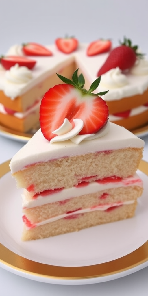 A delicious layered strawberry cake with whipped cream frosting topped with a fresh strawberry slice served on a white plate with a golden rim, with additional cake slices in the background.