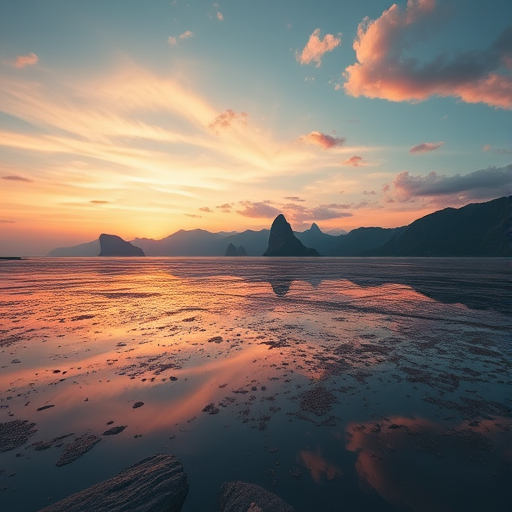 Generate a high-resolution image of a serene landscape at sunset, using a Canon EOS R5 camera with a 24-70mm f/2.8 lens, aperture set to f/8, ISO 100, shutter speed 1/125s, in a landscape orientation, with soft lighting to enhance the colors of the sky and reflections on water.