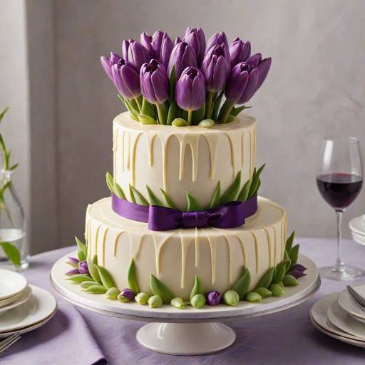 Create an elegant two-tier cake with a white chocolate collar, adorned with purple tulips on top. The design should feature a smooth, creamy finish, with a rich ribbon wrapped around the base of each tier. The background should be dark to highlight the cake's colors.