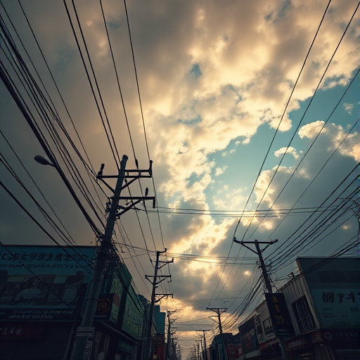 urban street scene with power lines and billboards under a dramatic sky, captured with a Canon EOS R5, 24mm lens, f/8 aperture, ISO 100, 1/250s shutter speed, shot from a low angle for a towering effect, natural lighting to enhance contrast