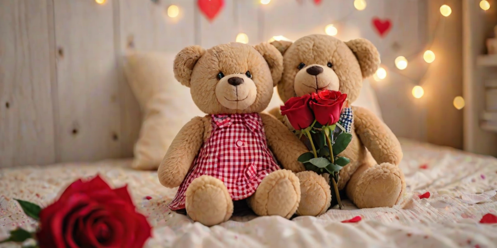 Teddy bears, plush toys, heart-shaped pillow, romantic setup, wooden surface, bokeh background, artificial flowers, red rose, polka dot dress, plaid shirt, indoor setting, love concept, Valentine's Day theme, soft focus, vibrant colors, shallow depth of field, gift idea, cute, affection, couple, toy photography.