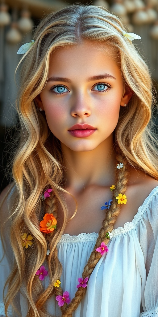 Create an image of a young Micronesian woman with long, wavy blonde hair, adorned with small, colorful flowers woven into her braids and loose strands. Her complexion is fair, with soft, glowing skin, and she has light blue eyes that gaze softly at the viewer. She wears a light, flowing dress with a gentle, ethereal quality, complementing her delicate and serene appearance. The background is slightly blurred, drawing focus to her tranquil expression and the intricate details of the flowers in her hair. The overall mood of the image is one of natural beauty and grace, evoking a sense of peacefulness and connection with nature.