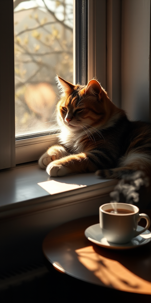 Softly lit morning image of a cat lounging in a sunbeam on a windowsill, eyes half-closed, soft shadows of tree branches dancing on the floor, a cup of coffee steaming on the table nearby, the faint sound of birds chirping outside the window.