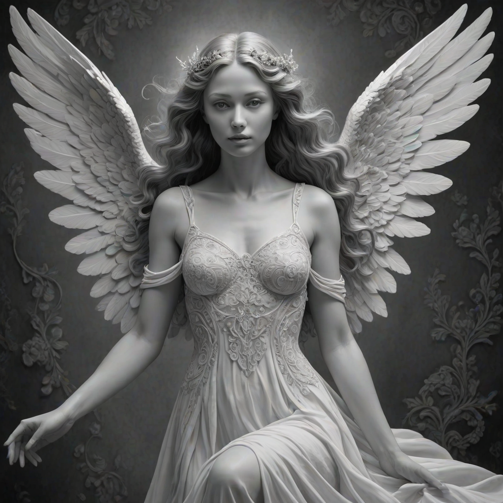 An angel, crafted in the unique style of Folk Art, as she unfolds herself against an ethereal backdrop, her wings softly billowing, face radiating a heavenly glow, every curl in her strikingly serene countenance finely brushed, monochrome, detailed techniques, ultra fine, breathtaking surreal masterpiece