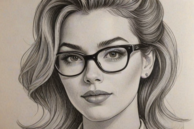 Delightful Arielle Vandenberg, pencil sketch, portrait of Bewitching woman 1948s in glasses, hair style beatnik, outline, clear lines, fine lines, 8k