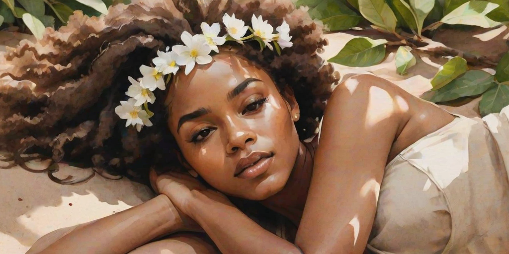 create a watercolor painting of an ethereal portrait of beautiful Afro-Caribbean woman with a simple white flower crown on her head. Her hair is long and she is lying on the ground. The sunlight on the trees casts shadows from the leaves on her face and body. The background is a neutral brown color that matches her skin tone. The image is minimalist and solid colors. This style is characterized by soft, delicate brushstrokes and a light, airy, contrasting color palette. High level of detail and play of light