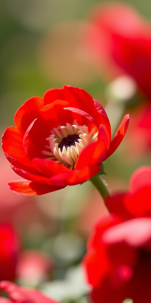 capture a close-up of a vibrant red ranunculus flower with a soft-focus background, using a DSLR camera with a 50mm lens at f/2.8, ISO 100, 1/200s, natural lighting for enhanced color richness and detail