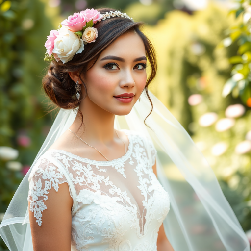 garden scene, bridal model, delicate lace gown, floral headpiece, soft romantic focus, high-key lighting and an 85mm lens for soft, even tones that highlight the model’s face and bright outfit against a white or light background