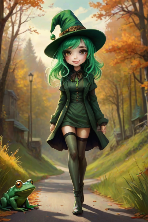 digital art fantasy depicting a strange girl with green hair, long eyelashes, green lipstick and a tall hat walking along a winding road on an autumn afternoon, an Frog smiles as she passes