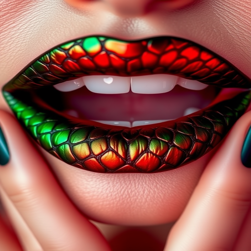 Fierce "Dragon Scale" lip look boasts a deep emerald green base with a duochrome shift to fiery red, mimicking the mesmerizing scales of mythical creatures and making a bold statement