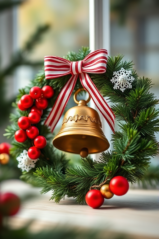 Create a high-resolution image of a decorative wreath and bell, using a DSLR camera with a 50mm lens, aperture set to f/2.8, ISO 100, natural soft lighting, and a shallow depth of field to enhance detail and color vibrancy.