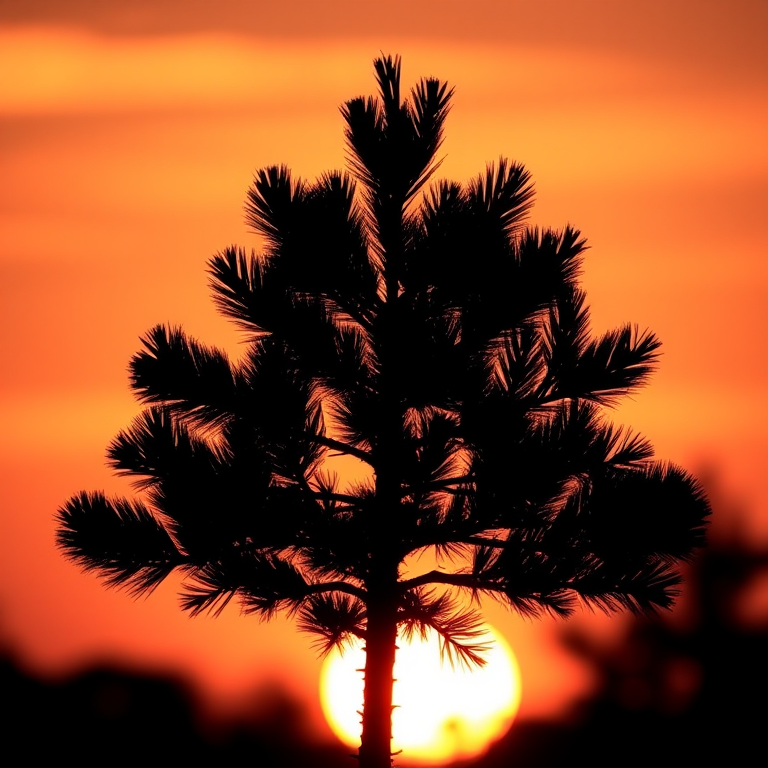 Generate a high-resolution image of a silhouette of a pine tree against a sunset background, using a DSLR camera with a 50mm lens, aperture set to f/2.8, ISO 100, and a slight vignette effect for depth.