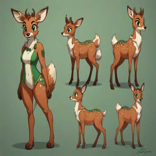 front view, side view, back view, multiple views, reference sheet, full body, source_furry, PennyCarson, deer, ebonytails, female, freckles, green eyes