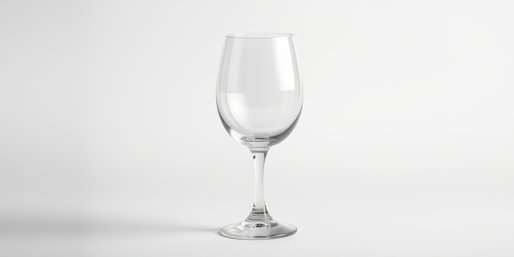 Create a high-resolution image of an empty wine glass on a plain background, using a Canon EOS R5 with a 50mm f/1.8 lens, aperture set to f/2.8, ISO 100, and a shallow depth of field for a soft bokeh effect.