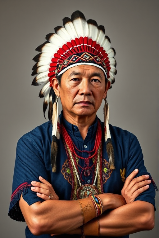 Create a dignified portrait of a Native American man dressed in traditional attire. He wears a beautifully crafted headdress adorned with white feathers and red beads, along with a beaded headband featuring intricate patterns. His clothing includes a deep blue, patterned shirt and a traditional chest piece with detailed beadwork. His arms are crossed, displaying leather armbands decorated with feathers. The background is simple and neutral, emphasizing his proud and stoic expression. The overall image captures the rich cultural heritage and strength of his persona.