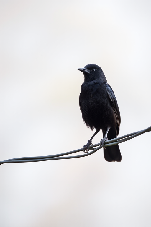 A close-up shot of a black bird perched on a power line with a blurred background, sharp focus, natural lighting, 50mm lens, aperture f/2.8, ISO 200, shutter speed 1/500 sec, DSLR camera.