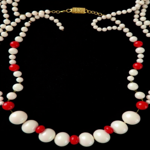 Create a high-resolution image of an intricate necklace design made of white and red beads on a black background, captured with a DSLR camera at f/2.8, ISO 100, 50mm lens, top-down view, natural lighting.