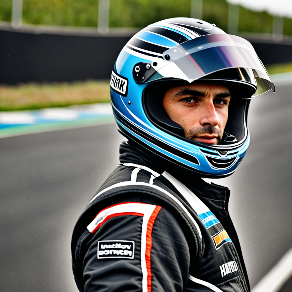 Half body of a karting driver with helmet on his head. The pilot's must