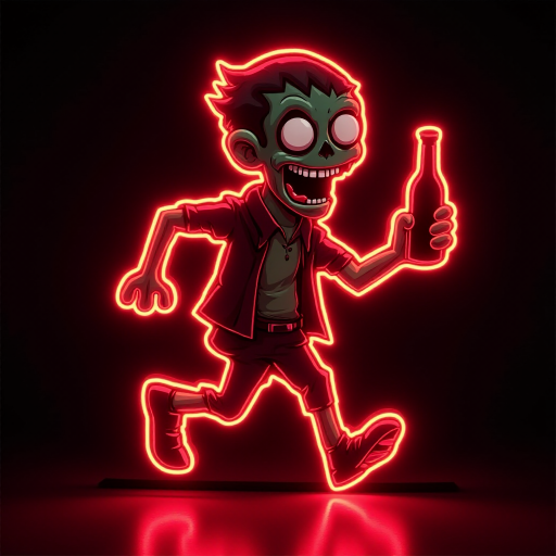 Create an image of a neon sign featuring a cartoon-style zombie in a dynamic pose, holding a bottle. The neon sign should glow in red against a dark background, making the character stand out prominently. The character should appear to be running, capturing attention with its vibrant color and action pose, perfect for advertising or decorative purposes.