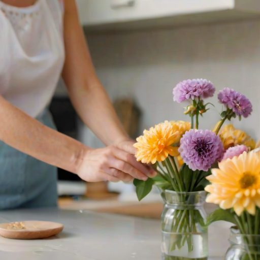 Close-up of a woman’s hands delicately arranging fresh flowers in a vase, soft light illuminating the vibrant petals, with a charming kitchen softly blurred in the background.