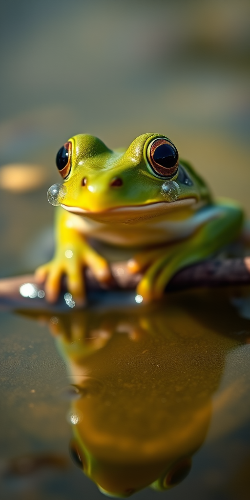 A close-up shot of a green frog with bubbles on its cheeks, perched on a stick in a shallow pond, captured with a DSLR camera at f/2.8, ISO 400, 1/250 sec, in natural light, with a macro lens to enhance details and shallow depth of field for a blurred background.