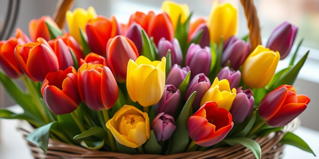 A vibrant basket filled with red, yellow, and purple tulips, shot with a DSLR camera using a 50mm lens, aperture f/2.8, ISO 100, in soft natural light, from a slightly elevated angle to capture the depth and colors of the flowers.