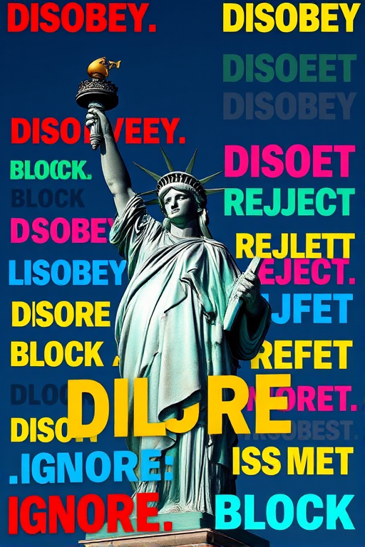Create an image of the Statue of Liberty surrounded by bold, colorful text that reads "Disobey," "Reject," "Defy," "Ignore," "Block," and similar protest words in various sizes and orientations; use a Canon EOS R5 camera, 50mm lens, f/8 aperture, ISO 100, and HDR photography style for enhanced clarity and vibrancy.