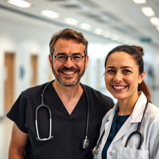 portrait of two smiling doctors in a modern hospital setting, with soft-focus background, natural lighting, ISO 200, f/2.8, 85mm lens, shot on a DSLR camera