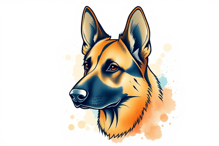 Create a high-quality digital illustration of a German Shepherd's head with a minimalist line art style, using soft watercolor splashes in the background, captured with a DSLR camera at f/2.8 aperture, 50mm lens, 1/200s shutter speed, and a slight vignette effect for depth.