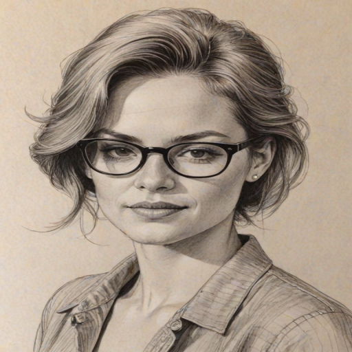 Radiant Retta, pencil sketch, portrait of Sublime woman 1975s in glasses, hair style beatnik, outline, clear lines, fine lines, 8k